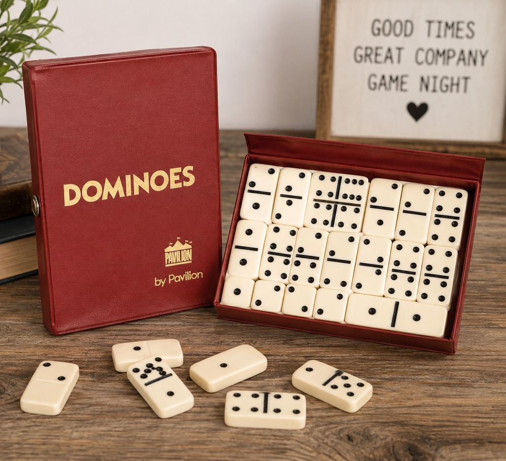 Vintage Pavilion Dominoes Set in Red Vinyl Case Ivory Black Double Six 28 Tiles
